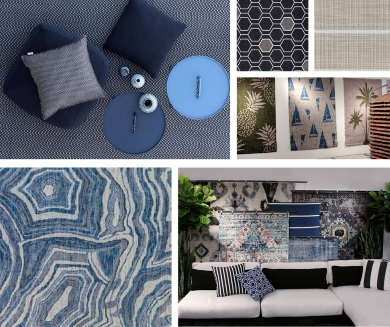 Collage of rugs, pillows, and a living room scene